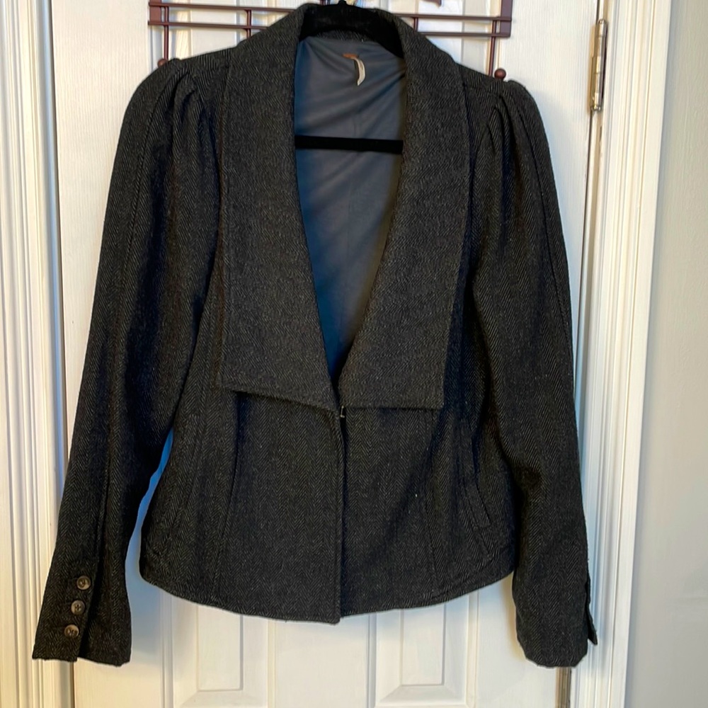 Free People Charcoal Herringbone Wool Blend Jacket